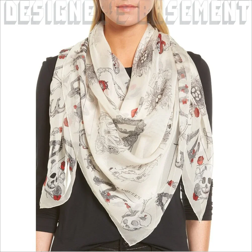 ALEXANDER MCQUEEN white letters SKULL CABINETS silk chiffon 52